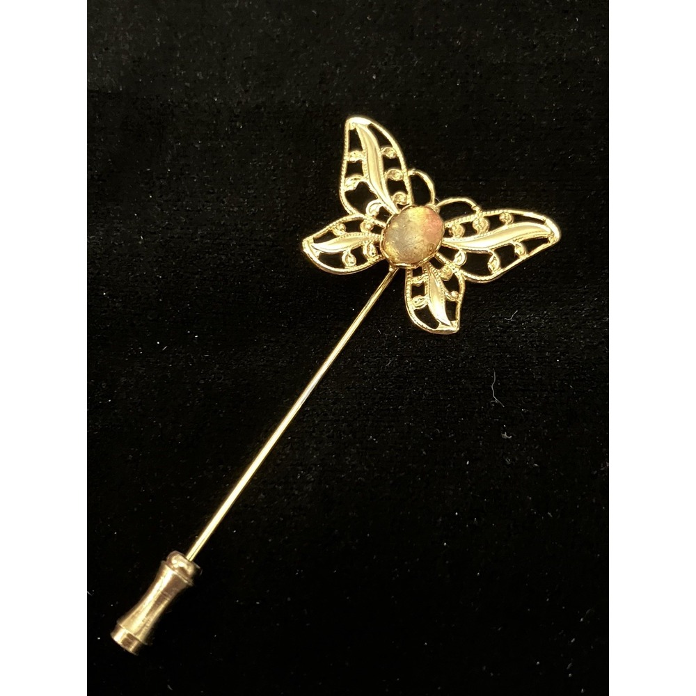 Vtg 70s Gold Tone Filigree Butterfly Stick Dress Pin Foiled Opalescent Cabochon